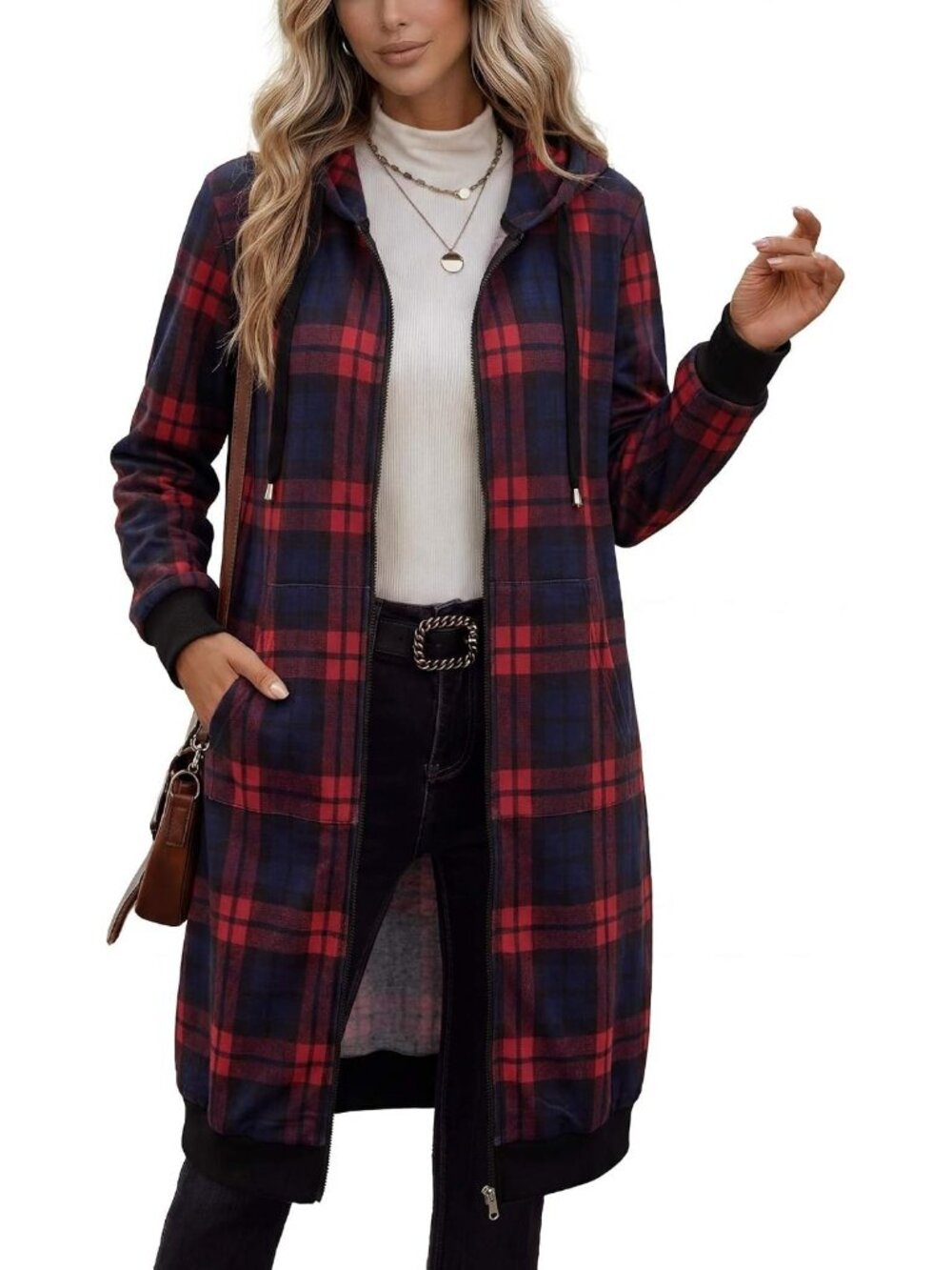 Women's Black Red Plaid Longline Fleece Hoodie Full Zip Oversized Duster Coat